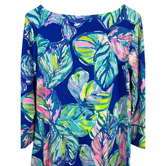Lilly Pulitzer Blue Leaf Print Knit Dress Size M 3/4 Sleeve Button Tropical - Picture 11 of 12